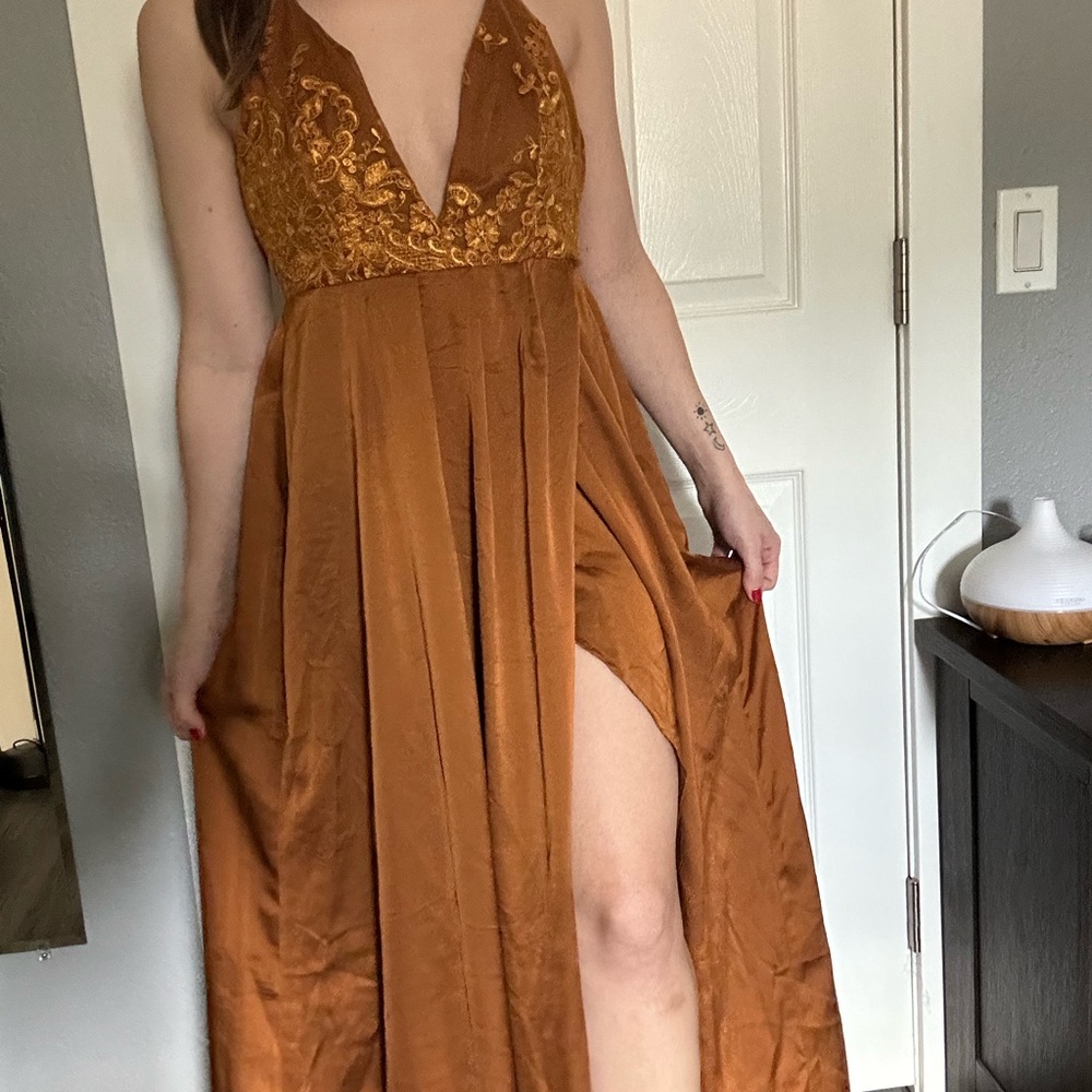 Floor length halter silk dress with slit never worn